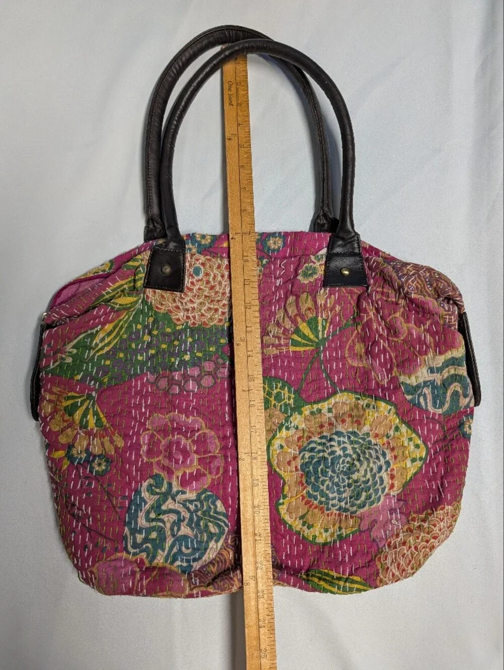 Vintage Quilted Floral Kantha Tote with Multicolor Accents + Leather Straps